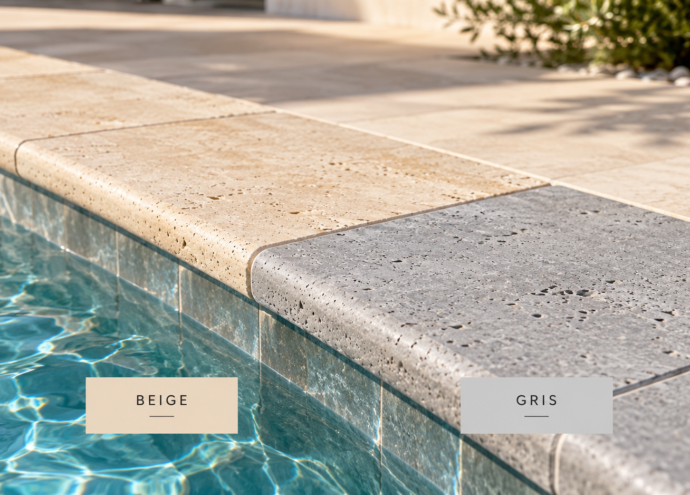 Margelles de piscine en travertin beige et gris
